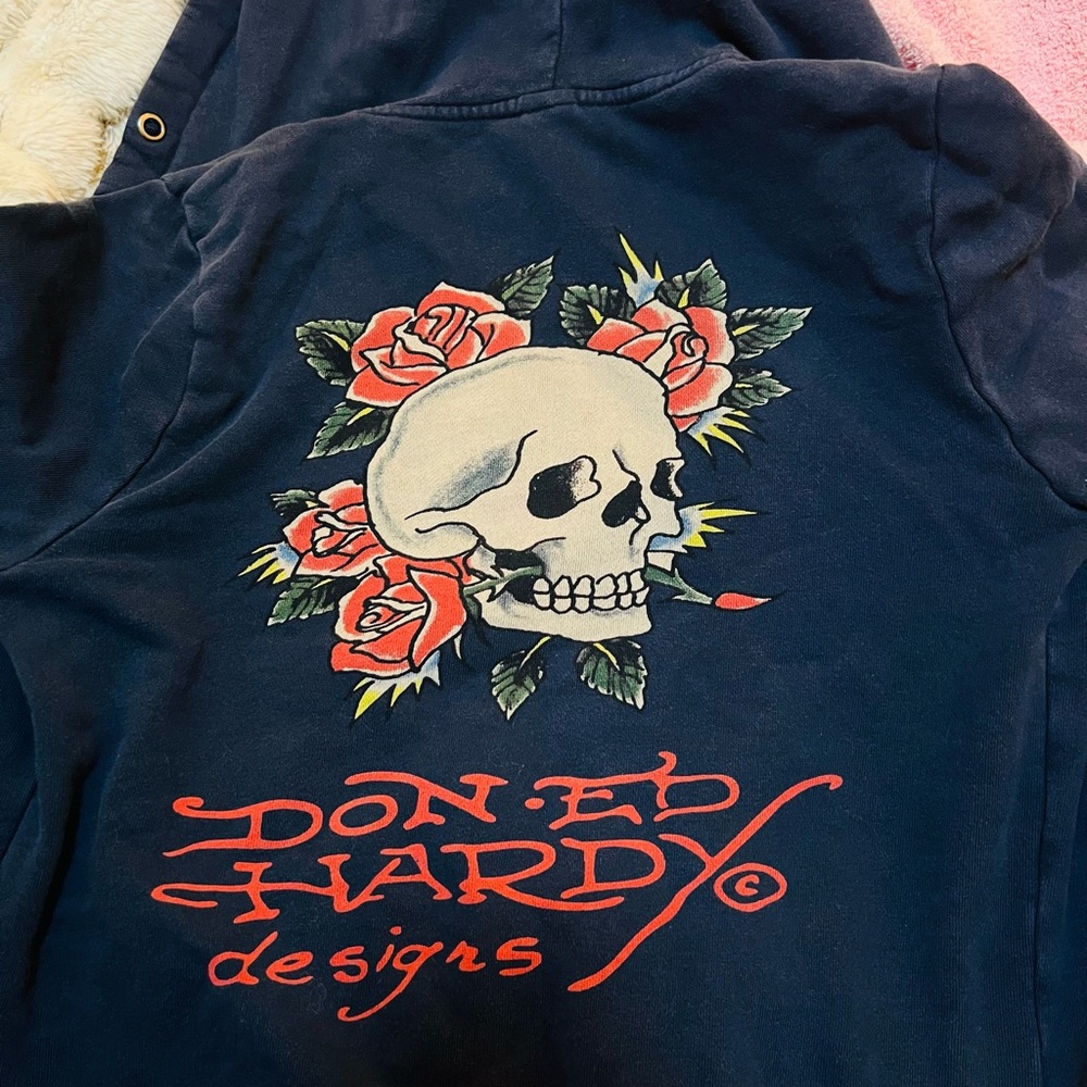 Vintage Iconic Ed Hardy by Christian Audigier washed black hoodie SM EUC